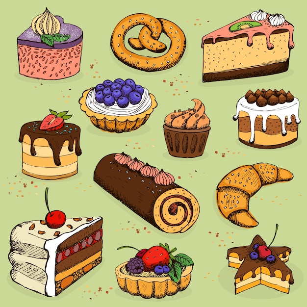 Free vector pies and flour products for bakery, pastry