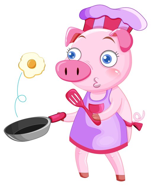 Pig cartoon character cooking breakfast