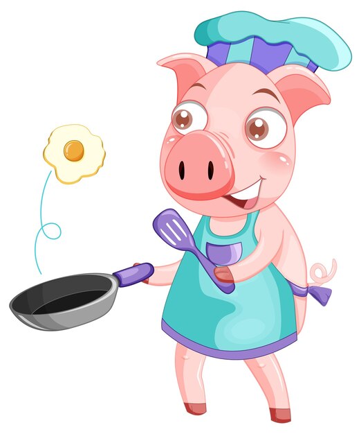 Pig cartoon character cooking breakfast