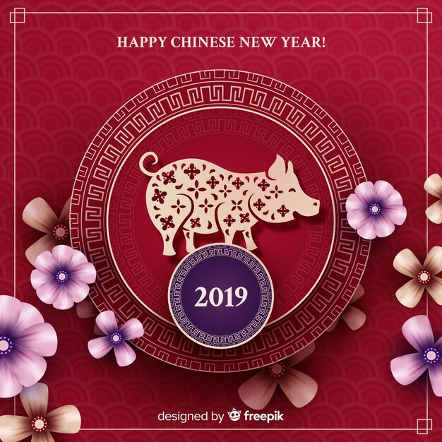 Pig and flowers chinese new year background