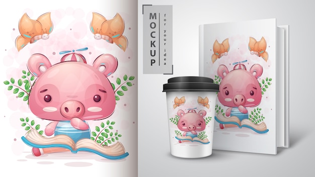 Free vector pig read book poster and merchandising.