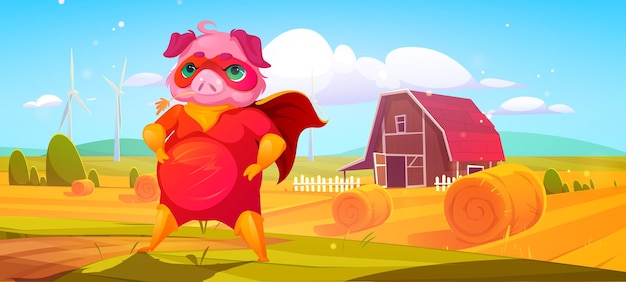 Supereroe di maiale in costume rosso con mantello e maschera in piedi sul campo di fattoria. illustrazione del fumetto vettoriale del paesaggio rurale con balle di fieno, fienile, turbine eoliche e simpatico personaggio porcellino in tuta da super eroe