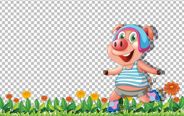 Pig wearing roller shoes shoes on transparent background