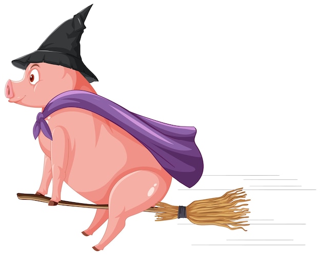 A pig witch riding a broomstick