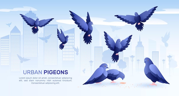 Free vector pigeons flat composition with cityscape silhouettes of birds and pigeons