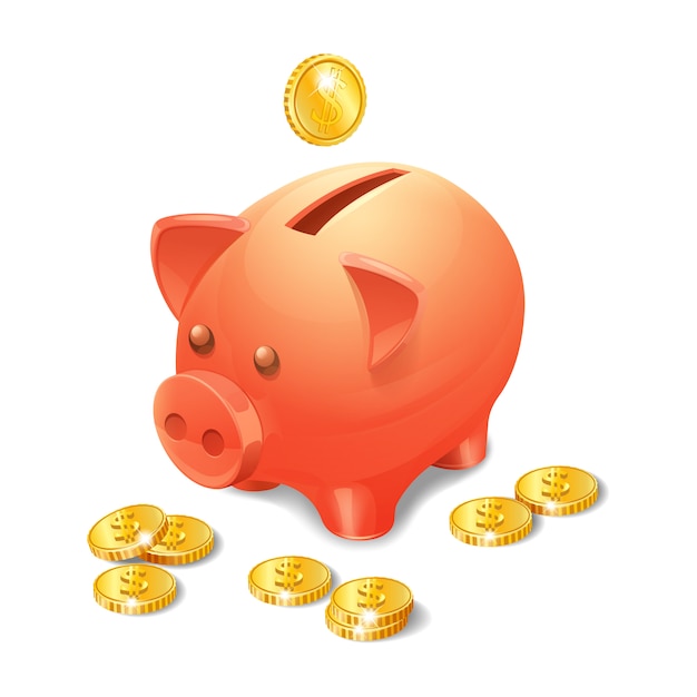 Piggy bank with realistic golden coins 