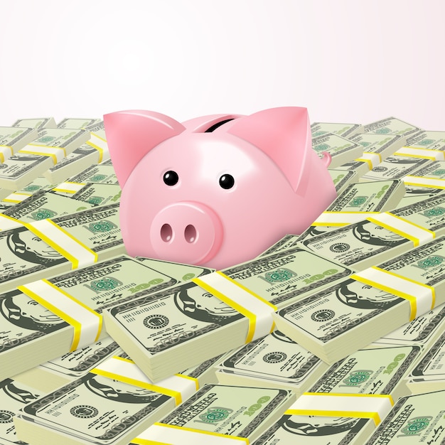 Free vector piggybank in heap of money