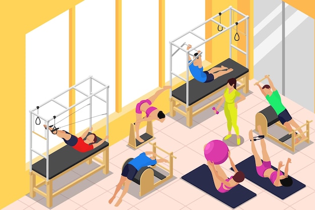 Free vector pilates isometric composition with indoor view of gymnasium with sport apparatus and characters of practicing people vector illustration