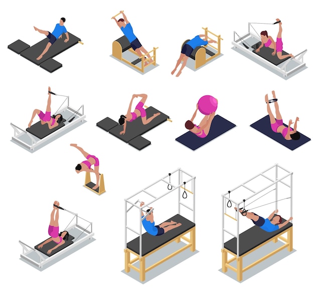 Free vector pilates isometric set with isolated icons of gymnastic apparatus and human characters performing various stretching exercises vector illustration