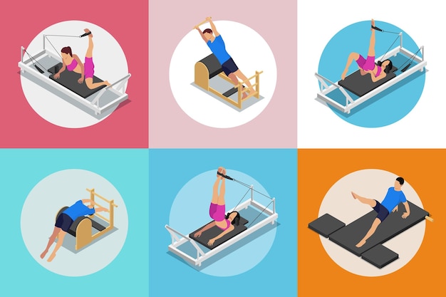 Free vector pilates isometric set with isolated round compositions of people stretching performing workout exercises with gym apparatus vector illustration