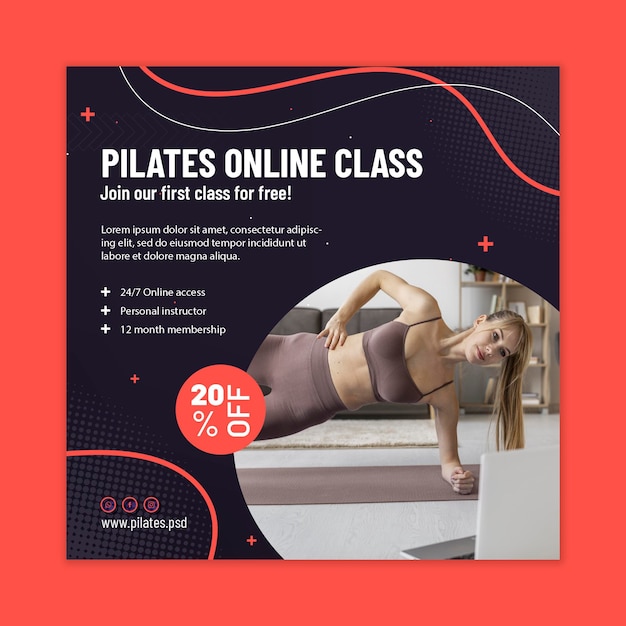 Vettore gratuito modello di volantino quadrato di classe online di pilates