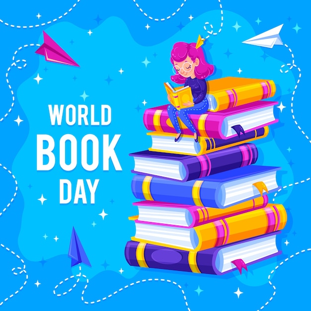 Free vector pile of books and reader on top world book day