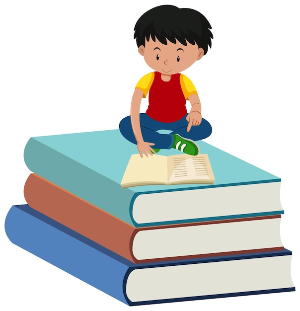 Pile of books with a boy character