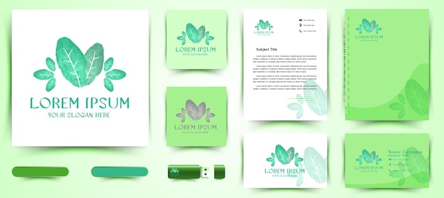 Pile of green leaf watercolor logo and business branding template designs inspiration isolated on white background