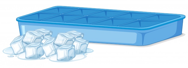 Pile of ice and empty ice tray on white