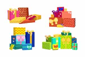 무료 벡터 다채로운 포장된 선물 상자 만화 그림 세트의 더미입니다. 파란색, 빨간색, 노란색 생일, 크리스마스 또는 크리스마스 선물에는 친구나 가족을 위한 리본이 있습니다. 파티, 축하, 깜짝 개념