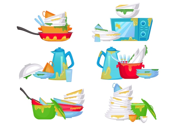 Piles Of Dirty Dishes Illustrations Set