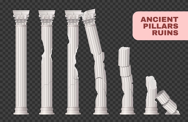 Free vector pillars ruins ancient damaged set of isolated images with solid cracked ancient columns on transparent background vector illustration