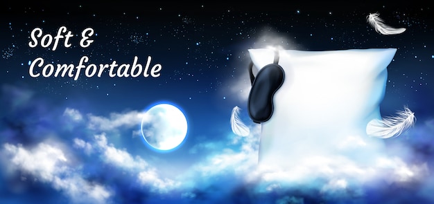 Free vector pillow with blindfold in night sky with full moon