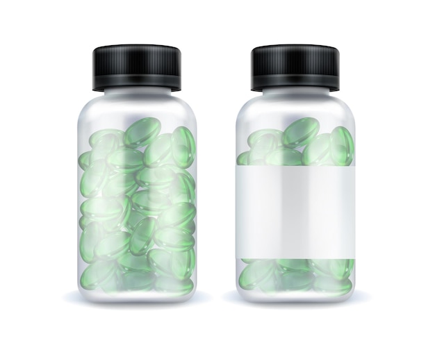 Free vector pills bottle mockup, green medicine capsules, vitamin in transparent pack mock up isolated on white background. remedy package design elements for medical advertising, realistic 3d vector illustration