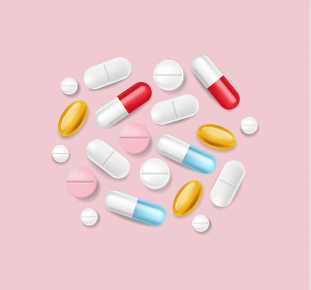 Pills realistic. Medical pile of different medicine 3d illustrations