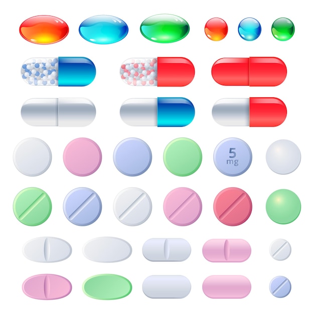錠剤、錠剤、医薬品、粒状フィラー入りのカラフルなカプセル。楕円形および円形の薬剤鎮痛剤、抗生物質、ビタミン、アミノ酸、ミネラル、生物活性添加剤、漫画のベクトルセット