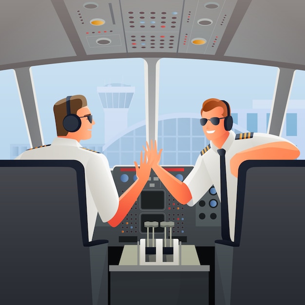 Pilots in cabin of plane illustration