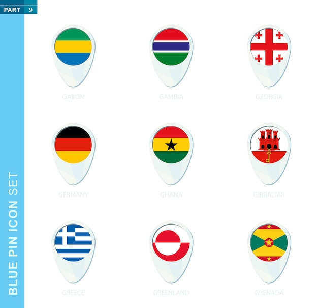 핀 플래그 세트, 가봉, 감비아, 조지아, 독일, 가나, 지브롤터, 그리스, 그린란드, 그레나다의 국기가 있는 파란색의 지도 위치 아이콘