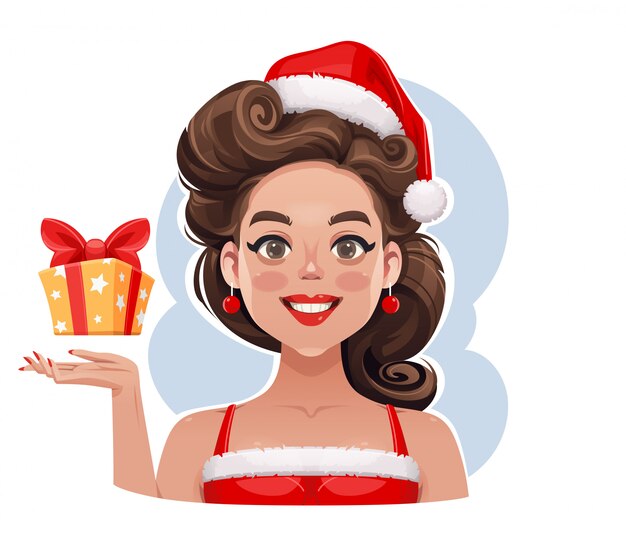 クリスマスギフトのイラストがピンナップガール プレミアムベクター