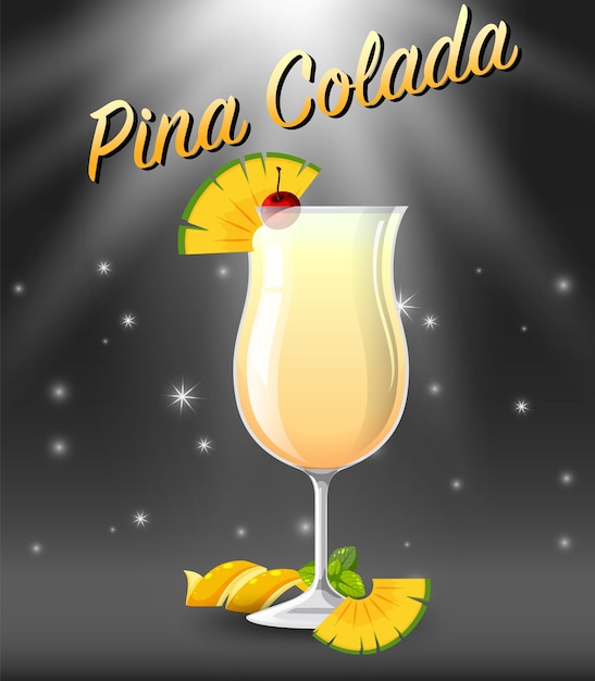 Vettore gratuito cocktail pina colada nel bicchiere su sfondo scintillante