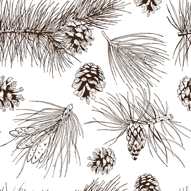 パインモミクリスマスツリー杉トウヒとコーンのシームレスパターンベクトル図