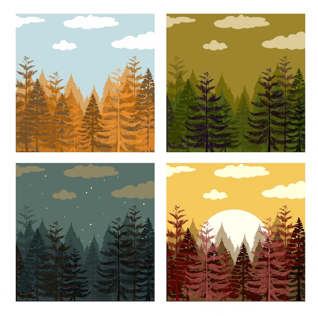 Pine forest in four colors illustration