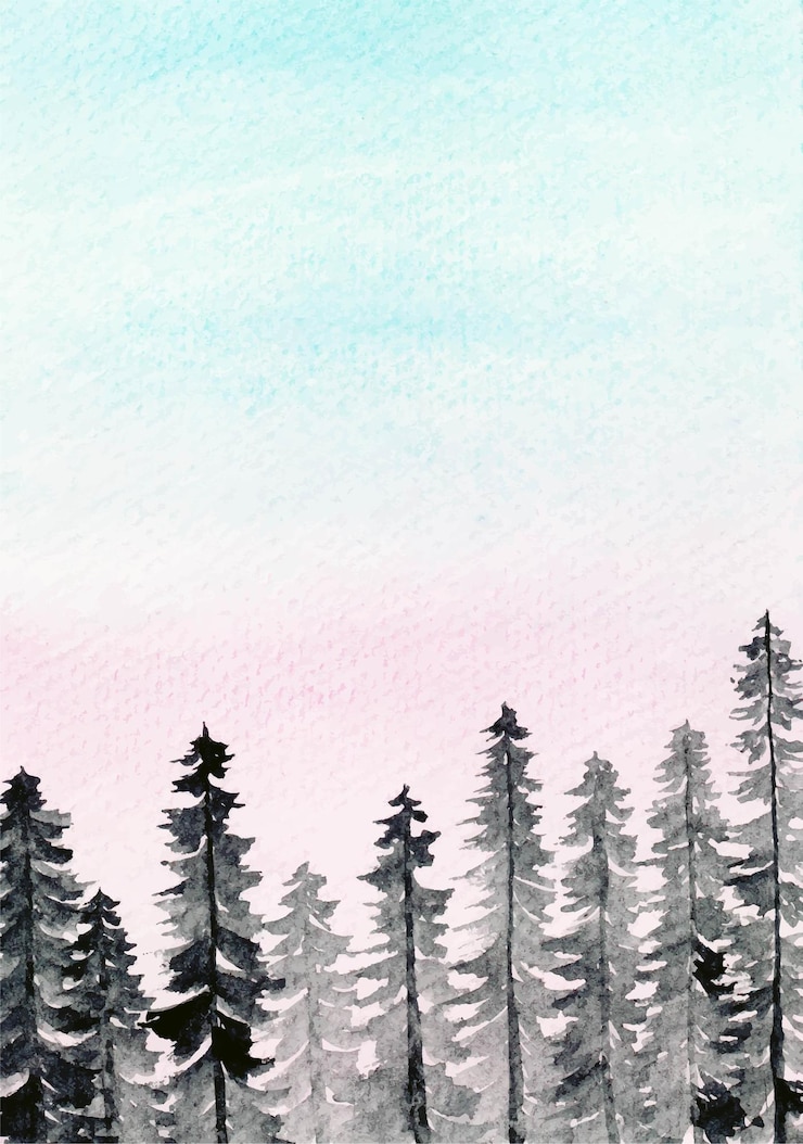 Free Vector pine forest with cotton candy sky watercolor background