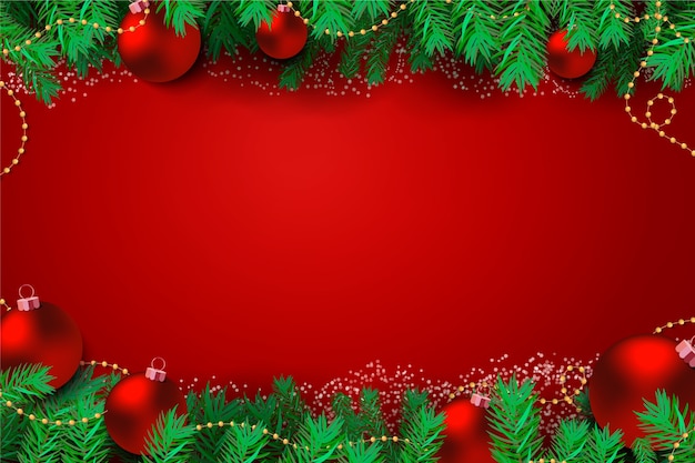 Free vector pine leaves and red christmas balls elegant background