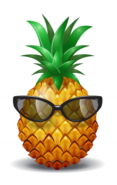 Pineapple wearing sunglasses. Pineapple juice, tropical fruit