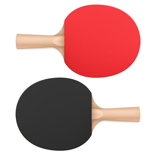 Racchette da ping pong, racchette da ping pong vista dall'alto e dal basso. attrezzature sportive con manico in legno e superficie in gomma pipistrello rosso e nero isolato su sfondo bianco, illustrazione realistica di vettore 3d