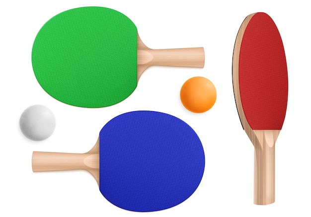 Ping pong rackets and balls, table tennis equipment in top and perspective