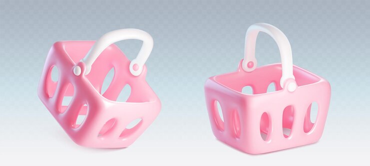 Free Vector pink 3d render supermarket grocery basket vector empty realistic store cart to buy food for consumer isolated icon shopper bucket symbol purchase plastic bag container for retail commerce shop