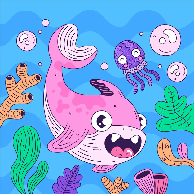 Pink baby shark and happy jellyfish