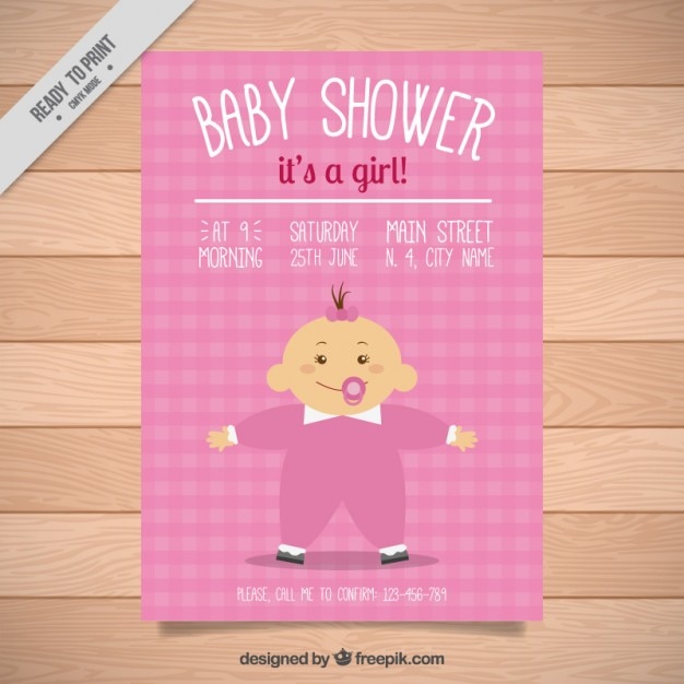 Pink baby shower invitation with a baby girl