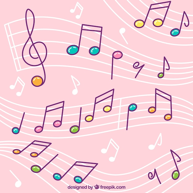Pink background of pentagrams with colorful musical notes