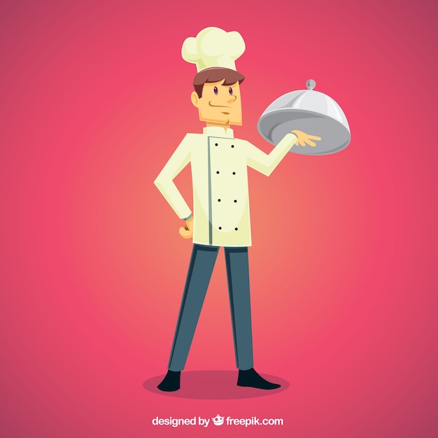 Free vector pink background with proud cook holding a tray