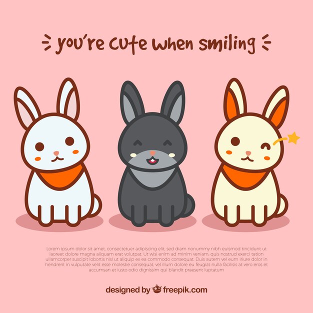 Free Vector pink background with three happy rabbits