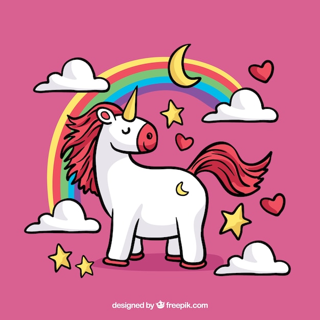 Vettore gratuito sfondo rosa con unicorno e arcobaleno