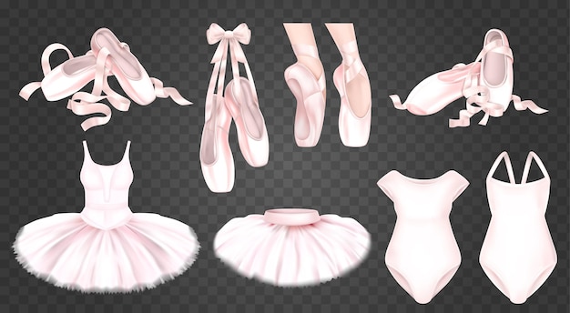 Free vector pink ballet shoes tutu skirts and bodies realistic set isolated on transparent background vector illustration