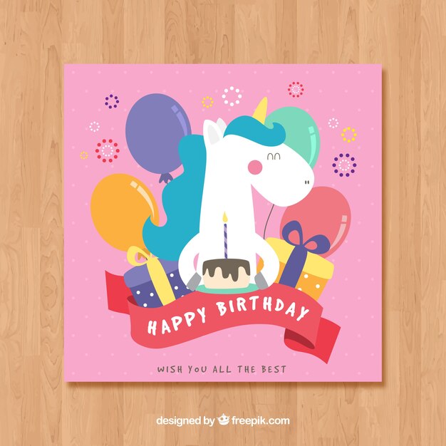 Pink birthday card template with a unicorn