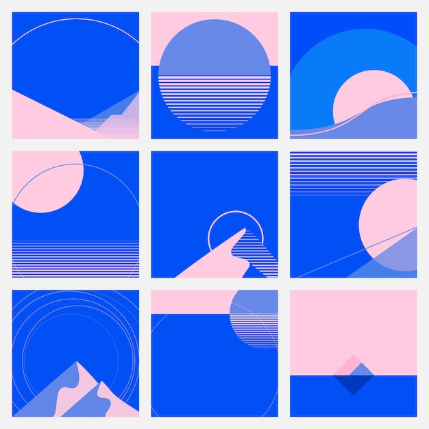 Set di giostre per social media in stile retrofuturismo con sfondo rosa e blu