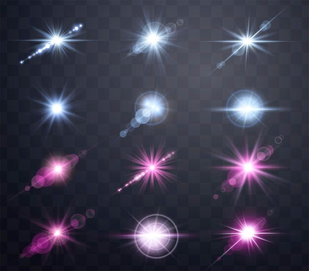 Pink and blue lens flares set.
isolated on transparent background. sun flash with rays or spotlight and bokeh. glow flare light effect. vector illustration.