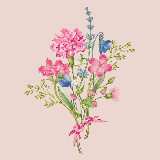 Bouquet di fiori di garofano rosa su sfondo rosa, remixato da opere di pierre-joseph redouté