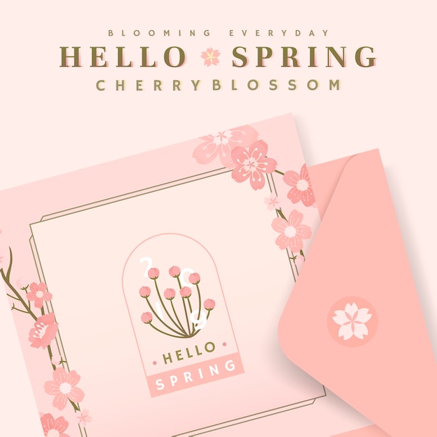 Pink cherry blossom postcard template vector